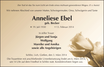 Traueranzeige von Anneliese Ebel 