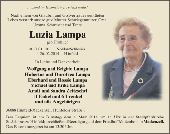 Traueranzeige von Luzia Lampa 