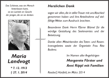 Traueranzeige von Maria Landvogt 