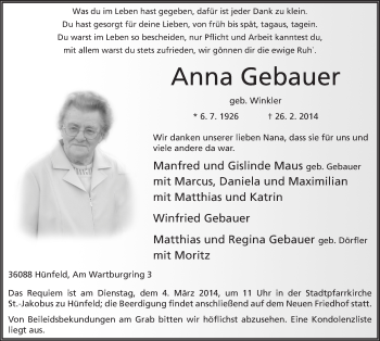 Traueranzeige von Anna Gebauer 