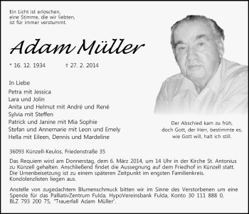 Traueranzeige von Adam Müller 