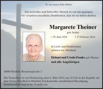 Traueranzeige von Margarete Theiner 