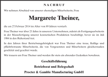Traueranzeige von Margarete Theiner 