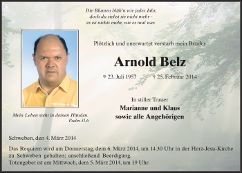 Traueranzeige von Arnold Belz 