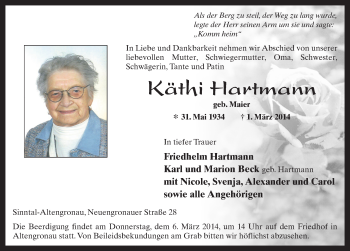 Traueranzeige von Käthi Hartmann 
