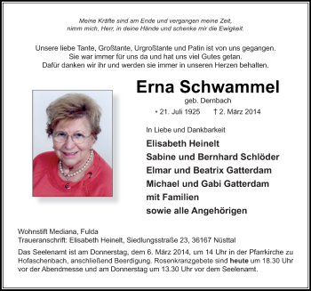 Traueranzeige von Erna Schwammel 