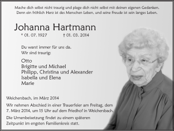 Traueranzeige von Johanna Hartmann 