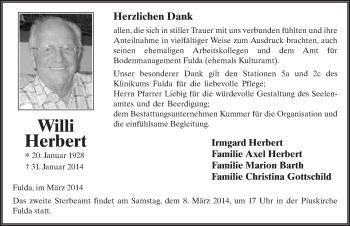 Traueranzeige von Willi Herbert 