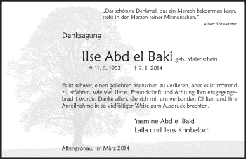 Traueranzeige von Ilse Abd el Baki 