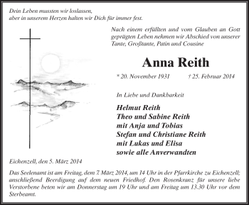 Traueranzeige von Anna Reith 