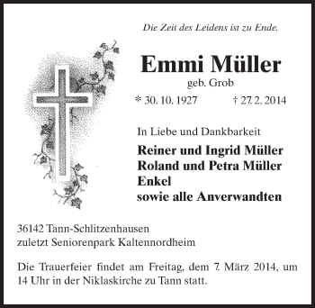 Traueranzeige von Emmi Müller 