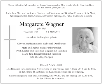 Traueranzeige von Margarete Wagner 