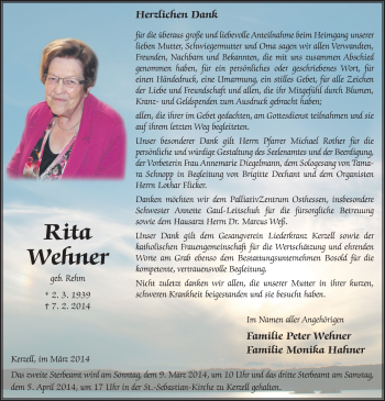 Traueranzeige von Rita Wehner 
