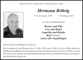 Traueranzeige von Hermann Röhrig 
