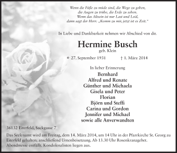 Traueranzeige von Hermine Busch 
