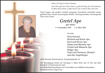 Traueranzeige von Gretel Ape 