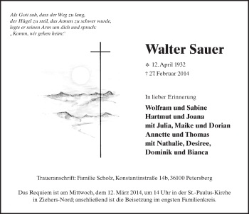 Traueranzeige von Walter Sauer 