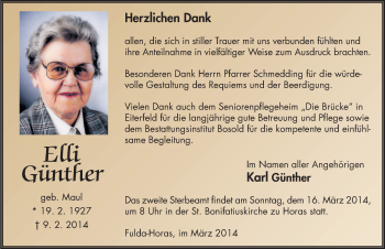 Traueranzeige von Elli Günther 