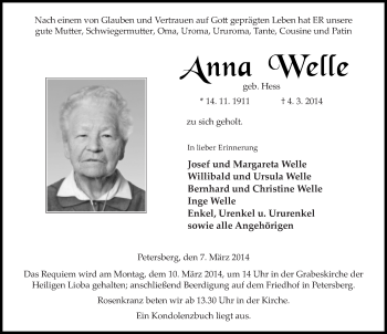 Traueranzeige von Anna Welle 