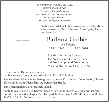 Traueranzeige von Barbara Gutbier 