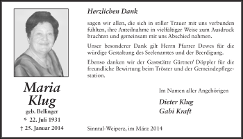 Traueranzeige von Maria Klug 