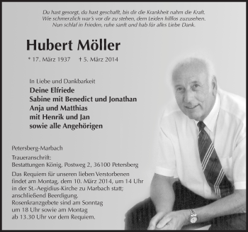 Traueranzeige von Hubert Möller 
