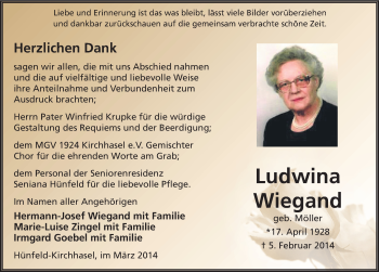 Traueranzeige von Ludwina Wiegand 