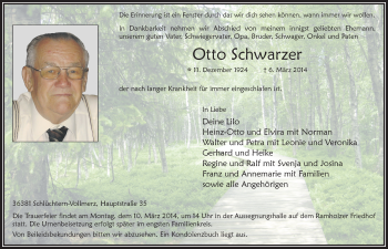 Traueranzeige von Otto Schwarzer 