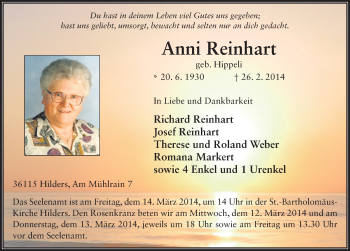 Traueranzeige von Anni Reinhart 
