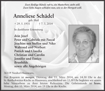 Traueranzeige von Anneliese Schädel 