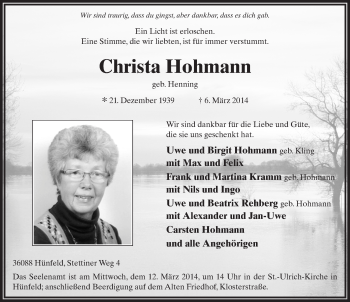 Traueranzeige von Christa Hohmann 
