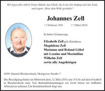 Traueranzeige von Johannes Zell 