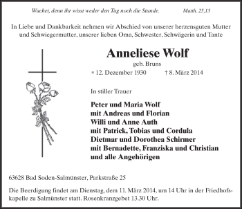 Traueranzeige von Anneliese Wolf 
