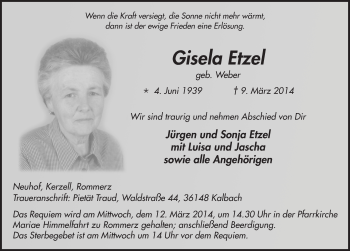 Traueranzeige von Gisela Etzel 