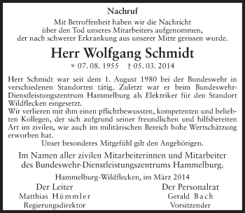 Traueranzeige von Wolfgang Schmidt 