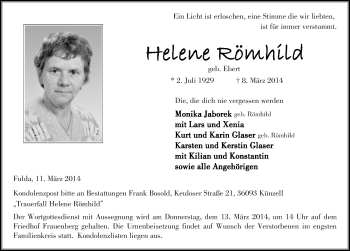 Traueranzeige von Helene Römhild 