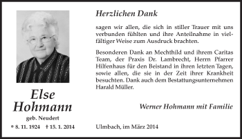 Traueranzeige von Else Hohmann 