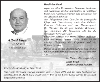 Traueranzeige von Alfred Vogel 