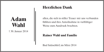 Traueranzeige von Adam Wahl 