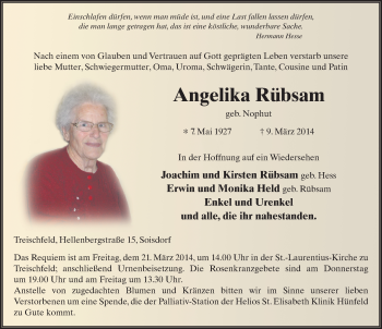 Traueranzeige von Angelika Rübsam 