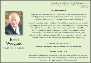 Traueranzeige von Josef Wiegand 