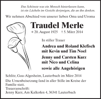 Traueranzeige von Traudel Merle 