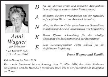 Traueranzeige von Anni Wagner 