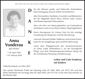Traueranzeige von Anna Vonderau 