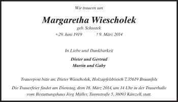 Traueranzeige von Margaretha Wiescholek 