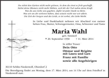Traueranzeige von Maria Wahl 