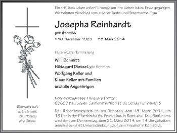 Traueranzeige von Josepha Reinhardt 