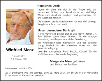 Traueranzeige von Winfried Menz 