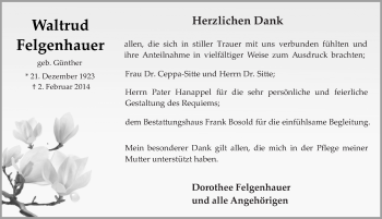 Traueranzeige von Waltrud Felgenhauer 