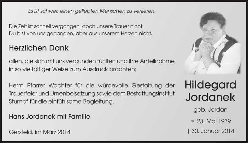  Traueranzeige für Hildegard Jordanek vom 15.03.2014 aus 